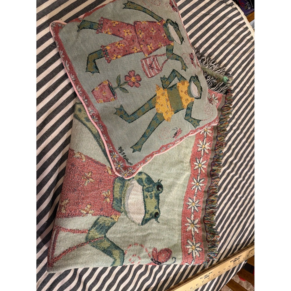 Kelly B Rightsell Scene Weaver Frog Tapestry Blanket and Pillow Set USA VTG